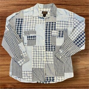 Vintage Eddie Bauer Patchwork Plaid Button Down Shirt XL Blue